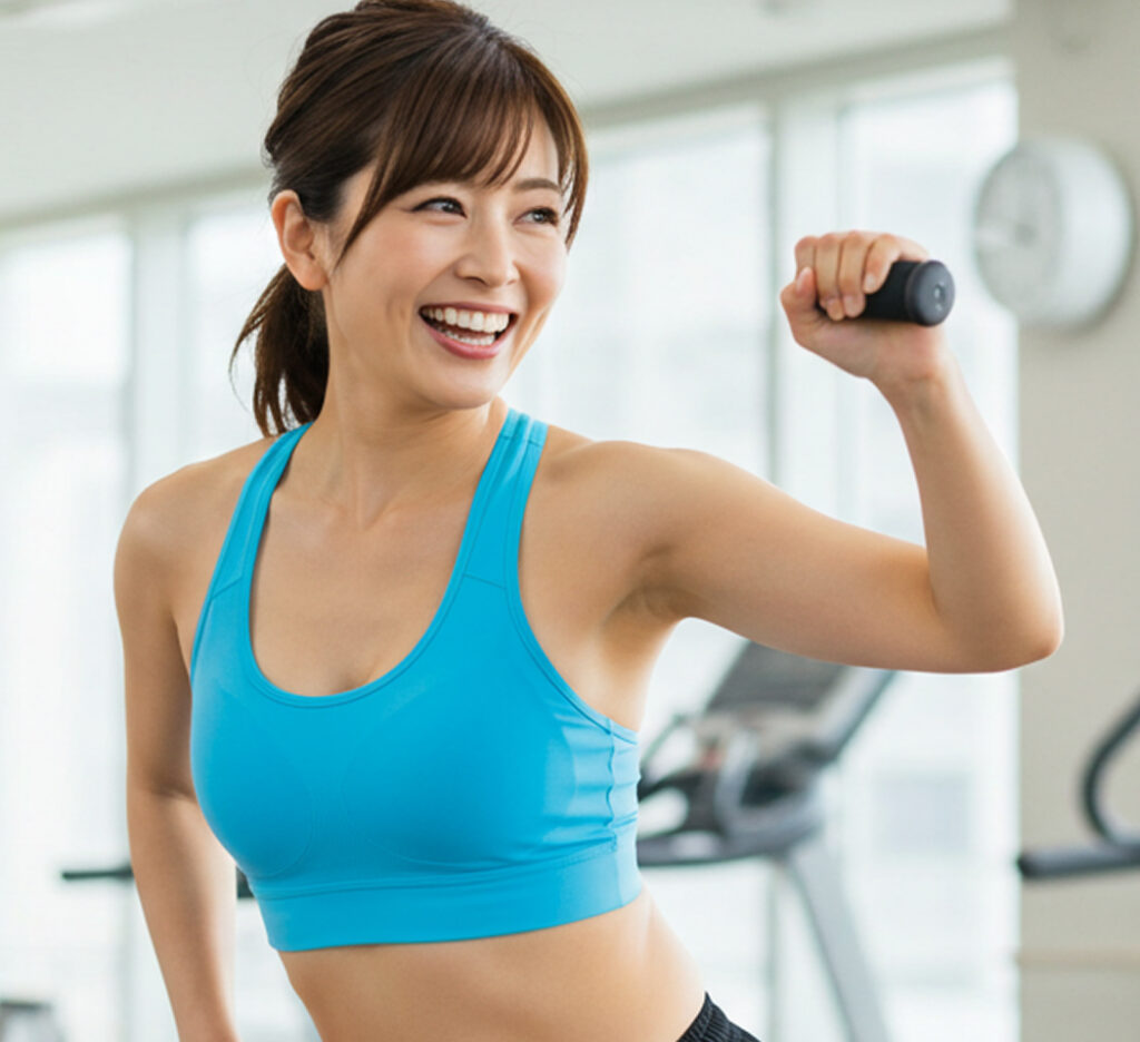 Woman training with dumbbell to improve body movement and strength