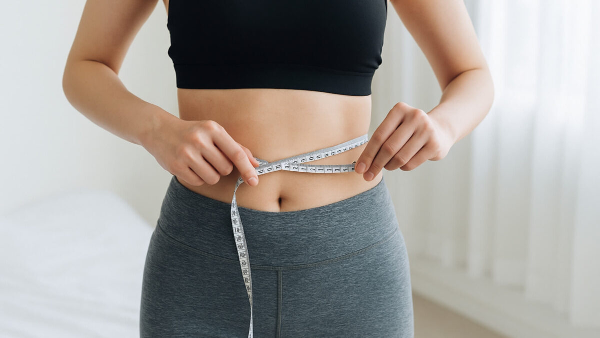 ウエストを測る女性。パーソナルジムでダイエット効果を実感している様子