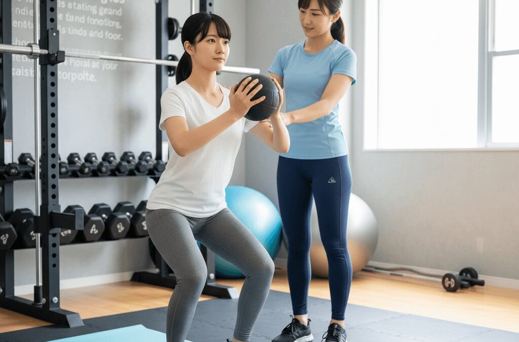 パーソナルトレーナーが姿勢改善のためのトレーニングをサポートしている様子