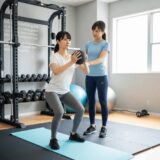 パーソナルトレーナーが姿勢改善のためのトレーニングをサポートしている様子